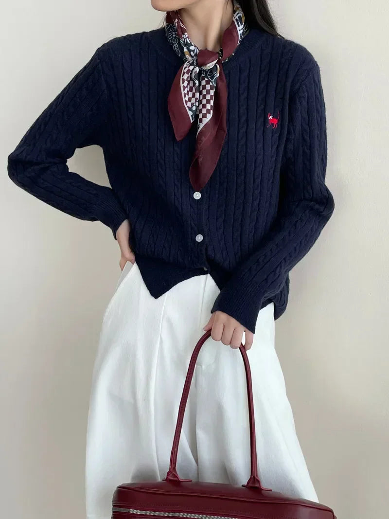 Navy Blue Cable Knit Cartoon Embroidered Trendy Cardigan