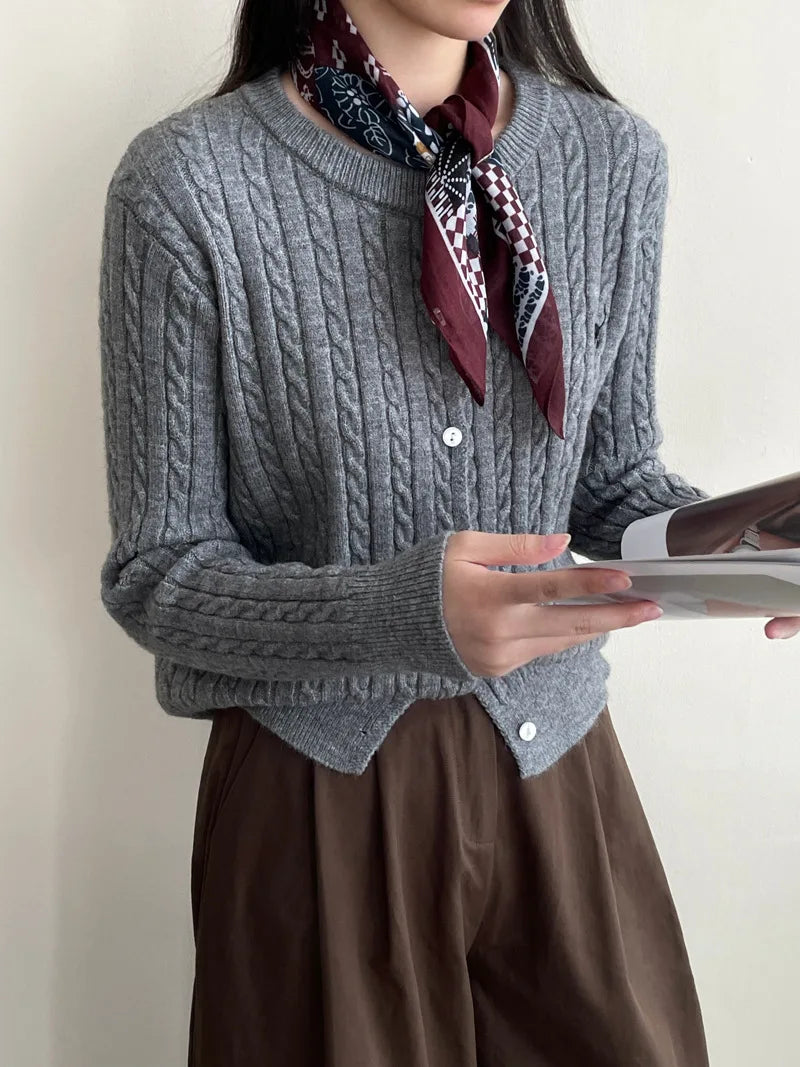 Navy Blue Cable Knit Cartoon Embroidered Trendy Cardigan