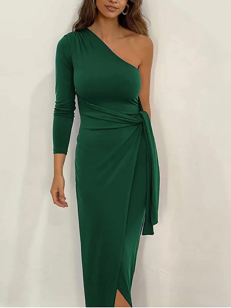 One Shoulder Long Sleeve Ruched Tie Waist Wrap Bodycon Midi Dress - View 2
