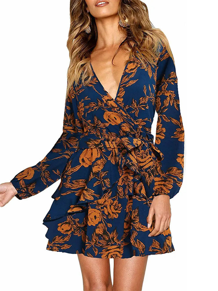 Floral Deep V-Neck Long Sleeve Wrap Ruffle Mini Dress