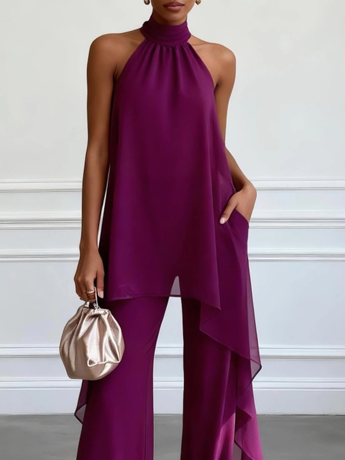 Halter Neck Asymmetric Top and Wide Leg Pants Two Piece Set 3