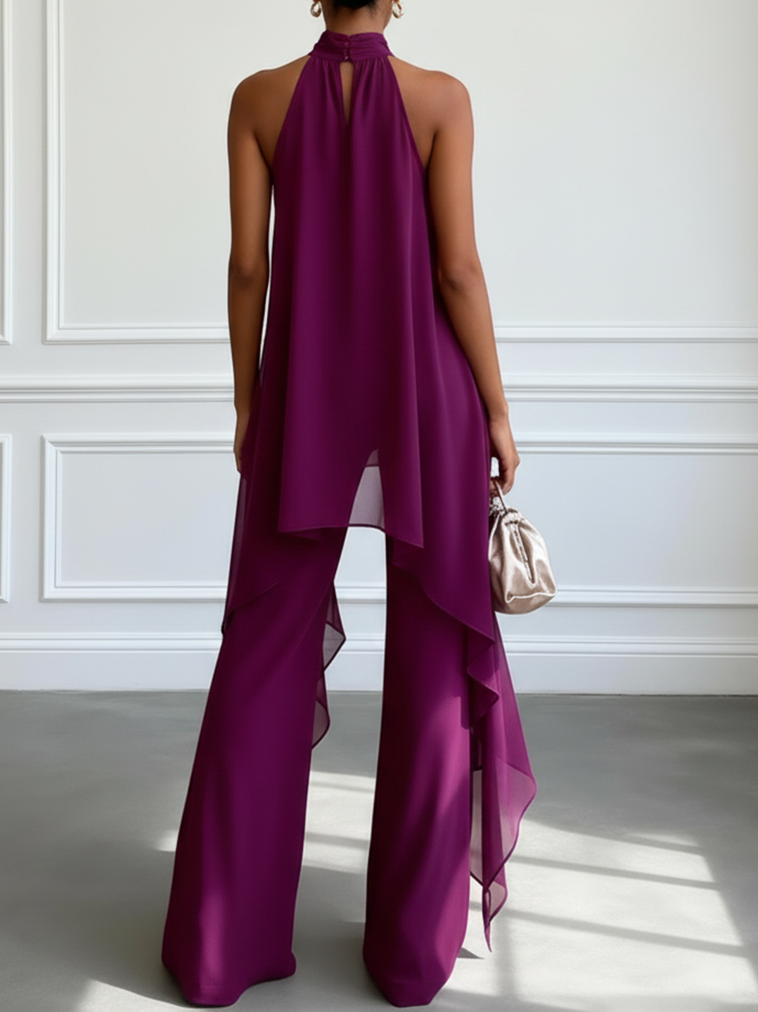Halter Neck Asymmetric Top and Wide Leg Pants Two Piece Set 2