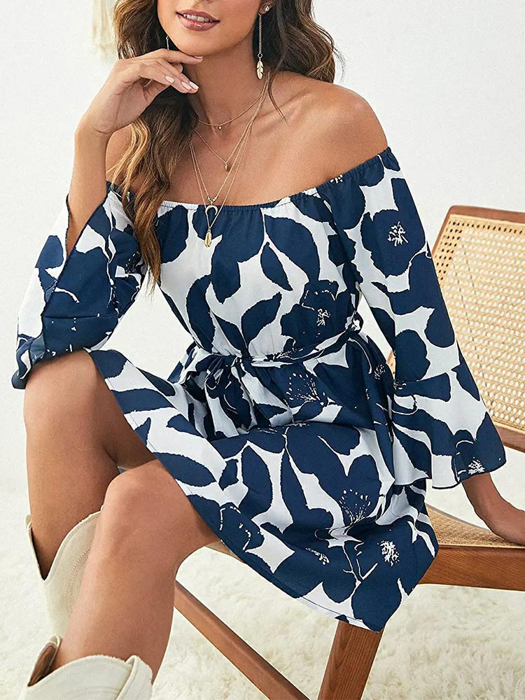 Floral Off Shoulder Bell Sleeve Tie Waist A-Line Mini Dress - View 12