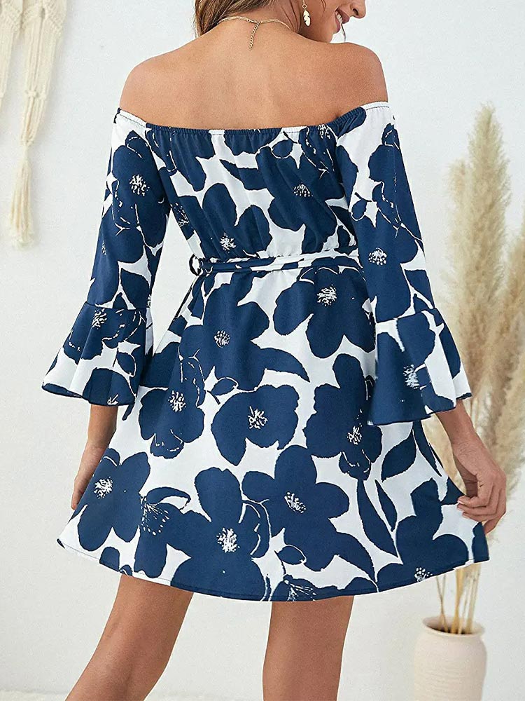 Floral Off Shoulder Bell Sleeve Tie Waist A-Line Mini Dress - View 11