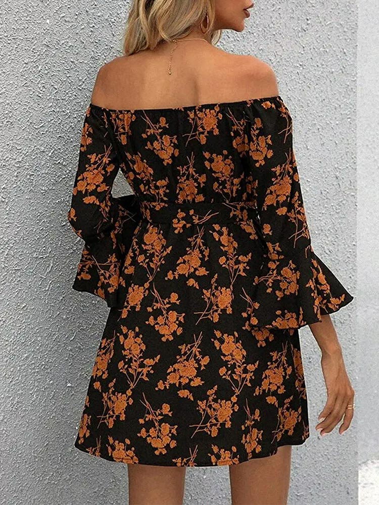 Floral Off Shoulder Bell Sleeve Tie Waist A-Line Mini Dress - View 4