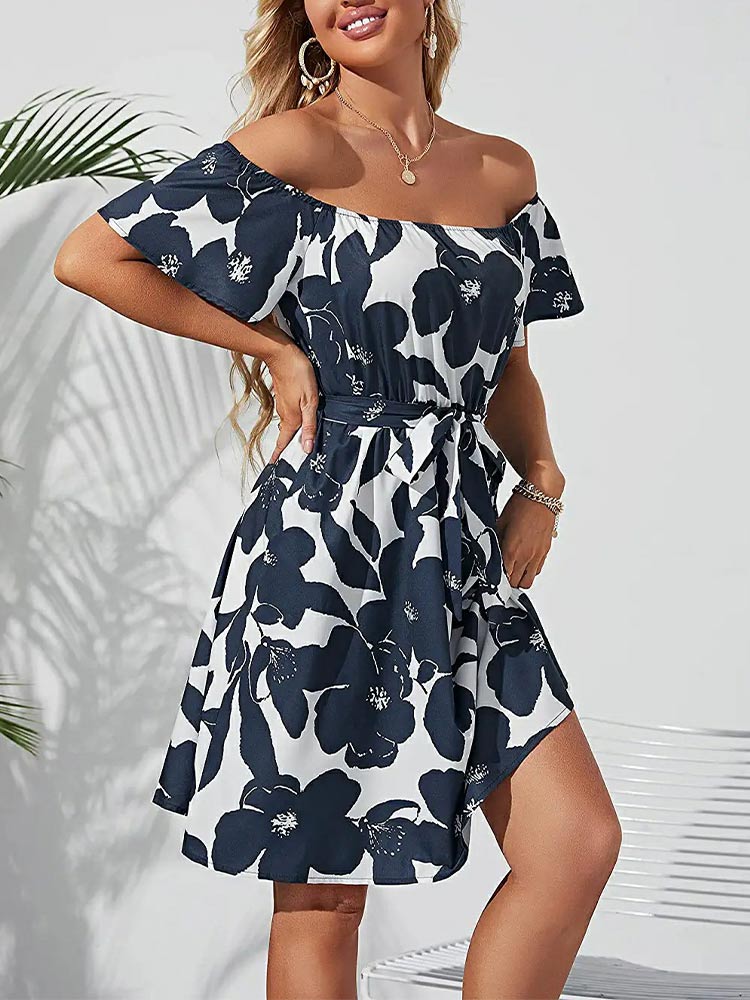 Floral Off Shoulder Bell Sleeve Tie Waist A-Line Mini Dress - View 6