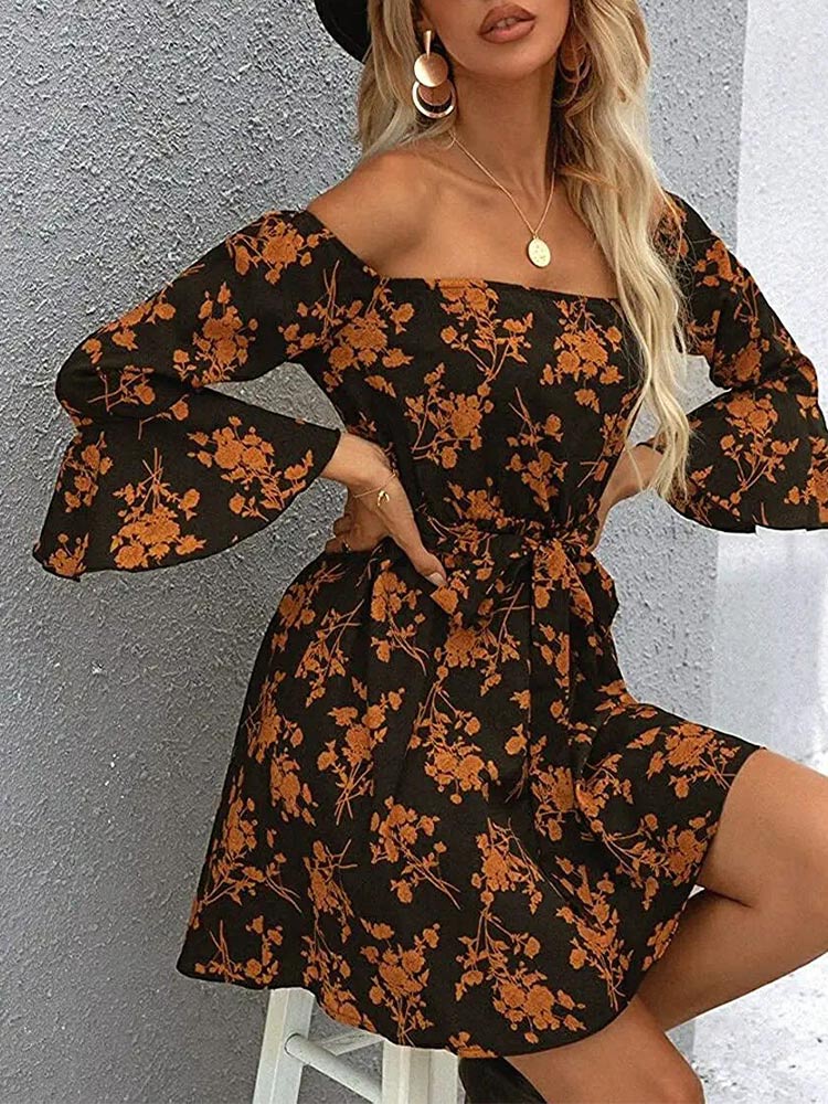 Floral Off Shoulder Bell Sleeve Tie Waist A-Line Mini Dress - View 3