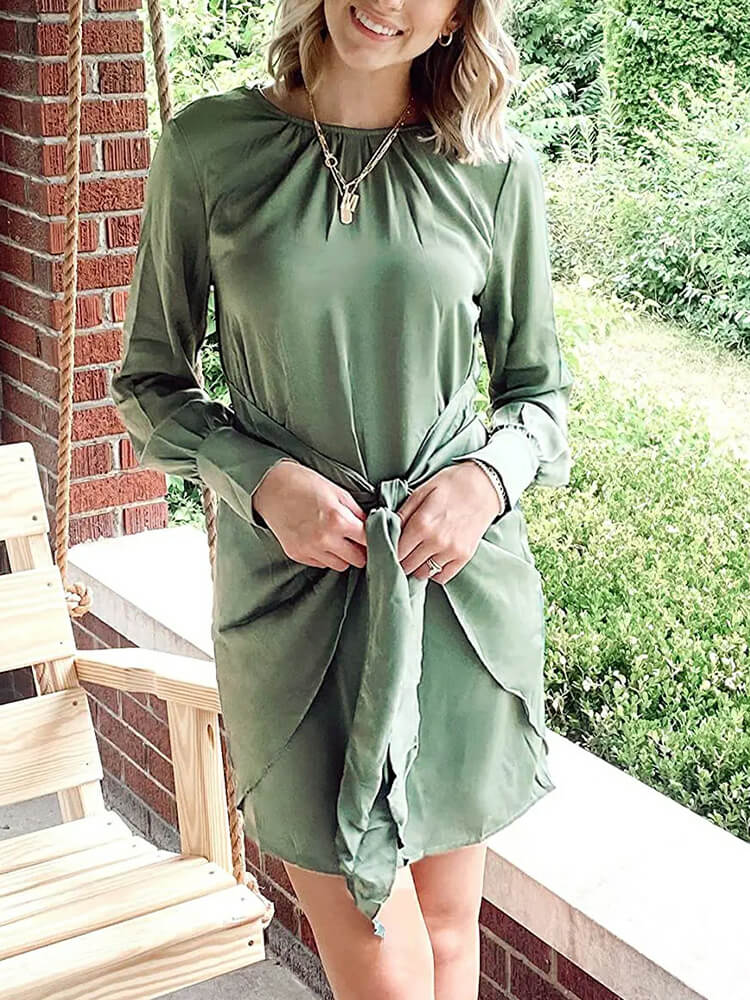 Satin Round Neck Long Sleeve Tie Waist Cocktail Mini Dress - View 8