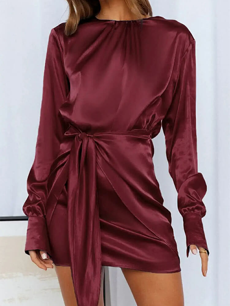 Satin Round Neck Long Sleeve Tie Waist Cocktail Mini Dress - View 3