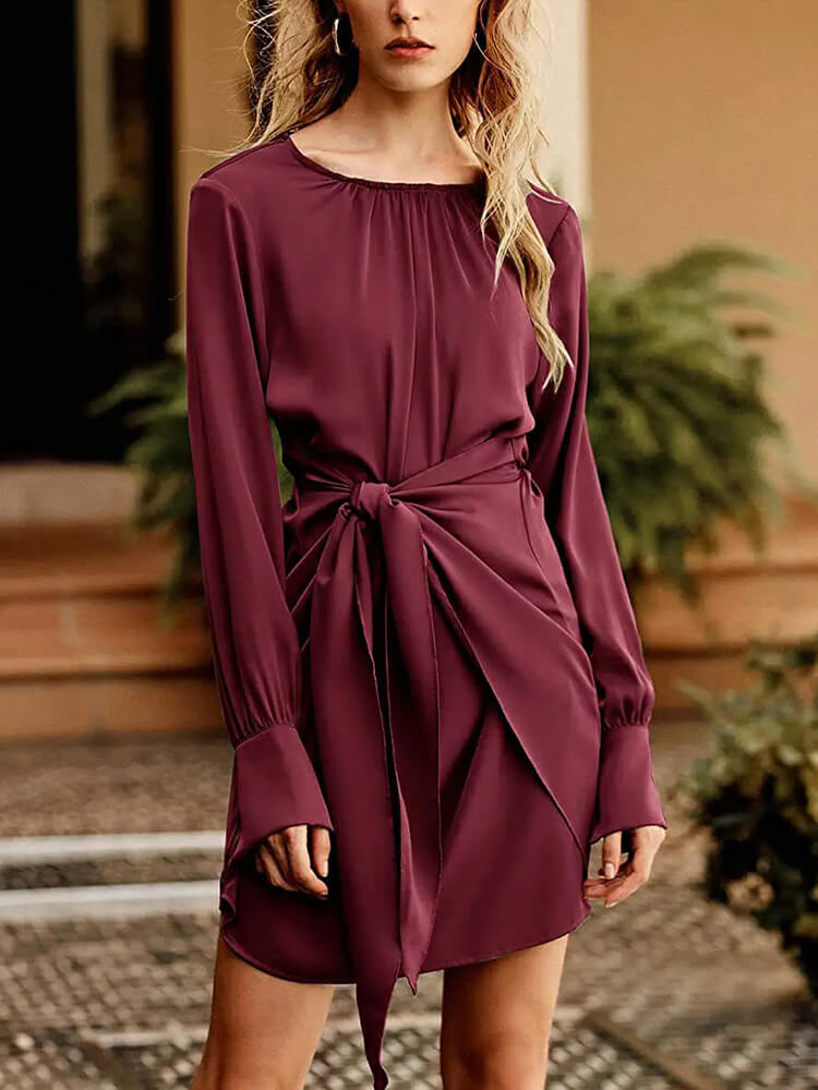 Satin Round Neck Long Sleeve Tie Waist Cocktail Mini Dress