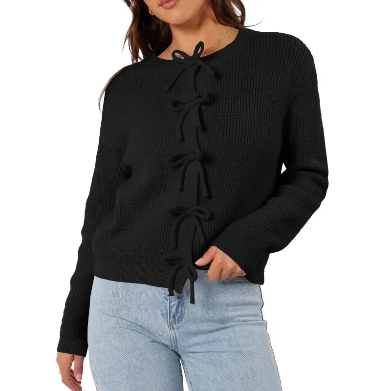 Y2K Bow Front Round Neck Cardigan Black / S Cardigan-241208
