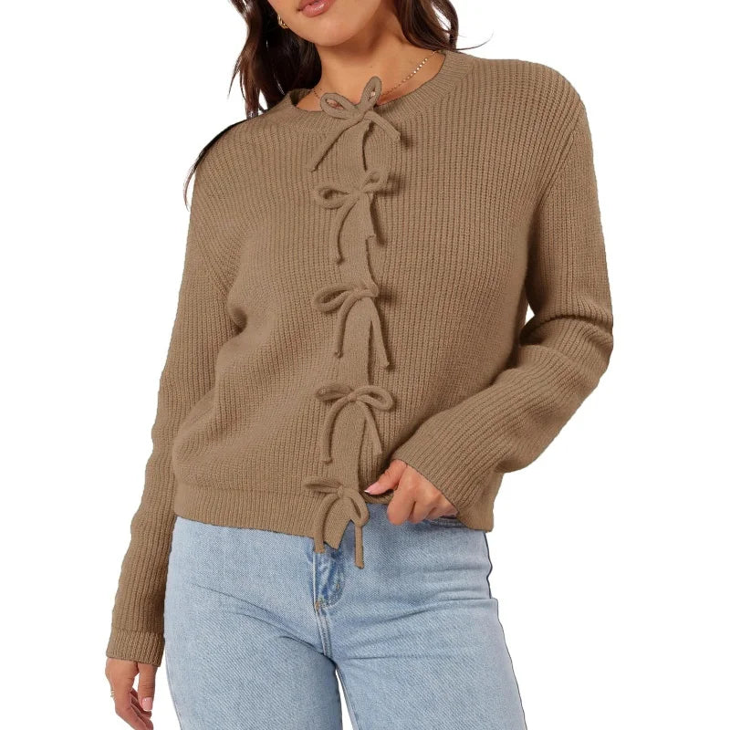 Y2K Bow Front Round Neck Cardigan Brown / S Cardigan-241208