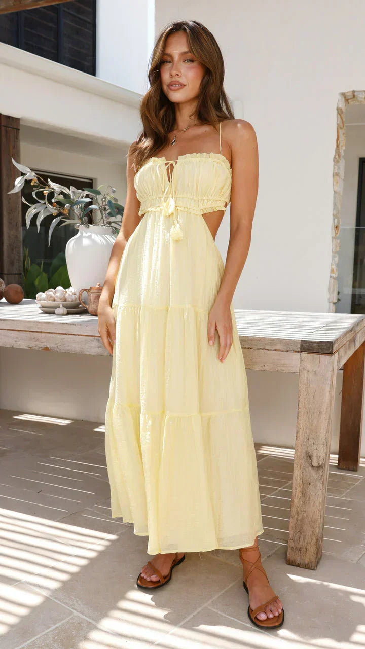 Spaghetti Strap Smocked Keyhole Tie Tassel Waist Cut Out Tiered Maxi Dress 36