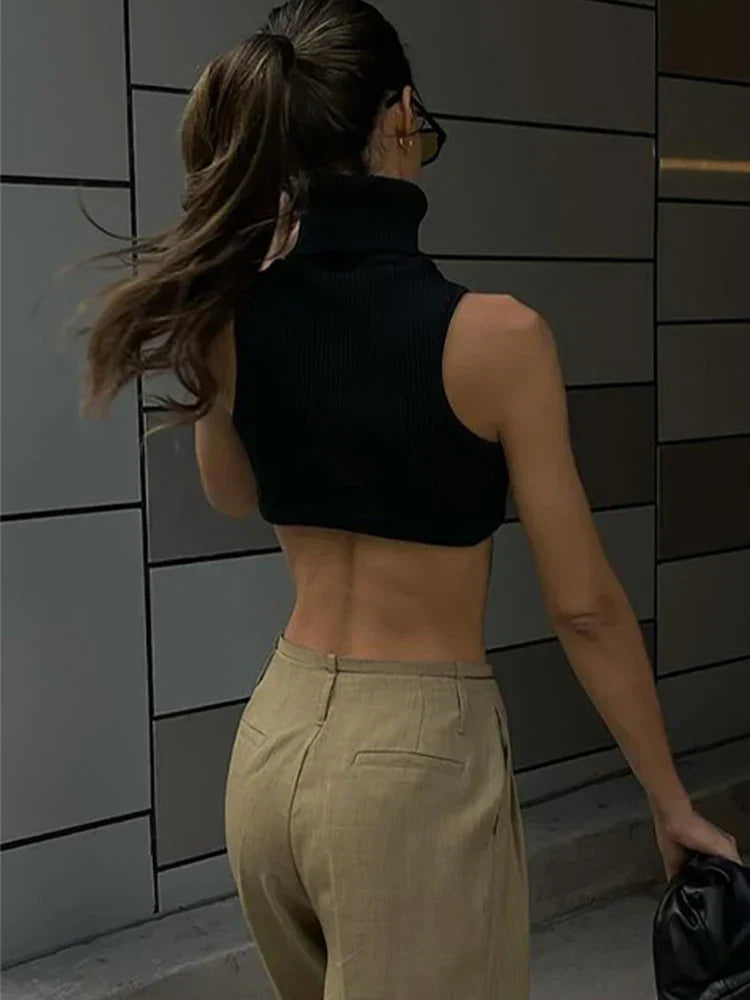 Cropped Turtleneck Black Crop Tank Top
