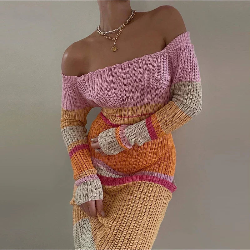 Fernanda Off Shoulder Striped Knit Maxi Dress - View 3