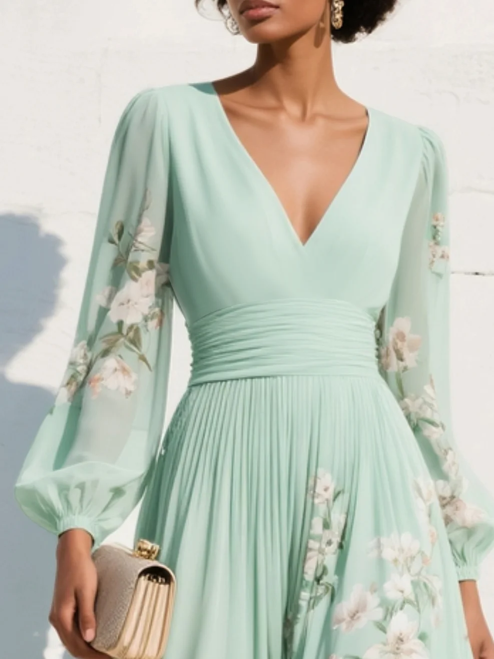 Floral Print V-Neck Long Sleeve Pleated Chiffon Maxi Dress 6