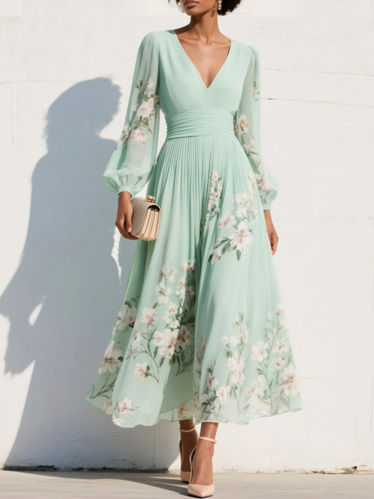 Floral Print V-Neck Long Sleeve Pleated Chiffon Maxi Dress 3