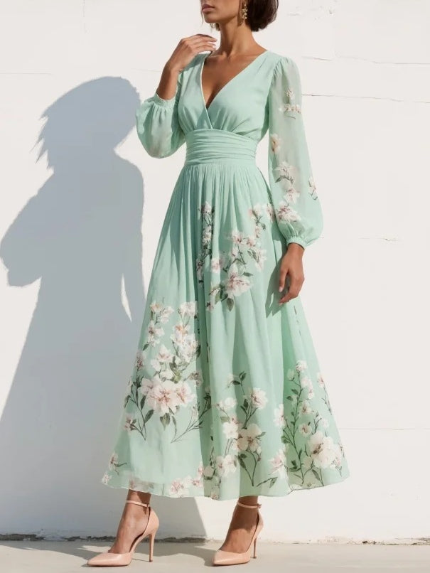 Floral Print V-Neck Long Sleeve Pleated Chiffon Maxi Dress 4