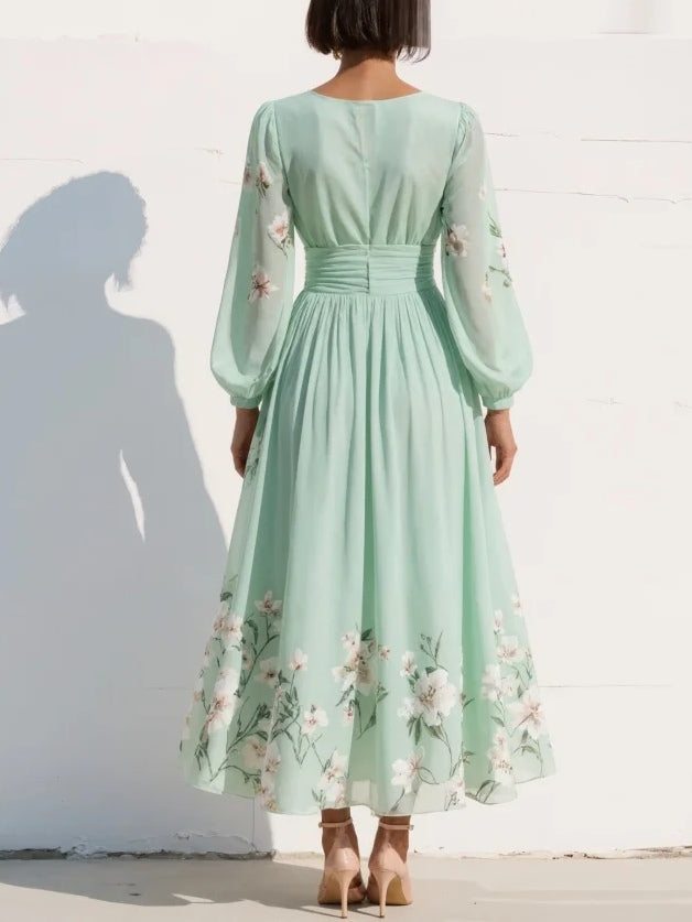 Floral Print V-Neck Long Sleeve Pleated Chiffon Maxi Dress 5