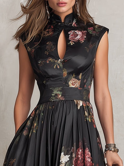 Floral Satin Keyhole High Neck Pleated Midi Dress Cocktail 4