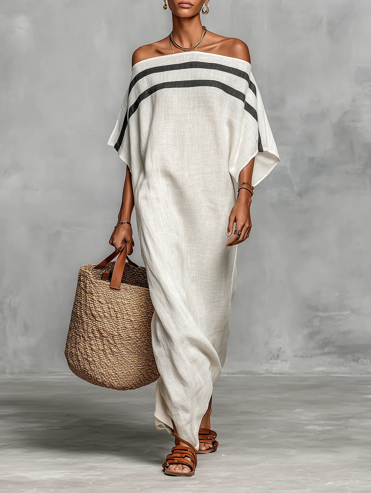 Striped Off Shoulder Batwing Sleeve Kaftan Maxi Dress