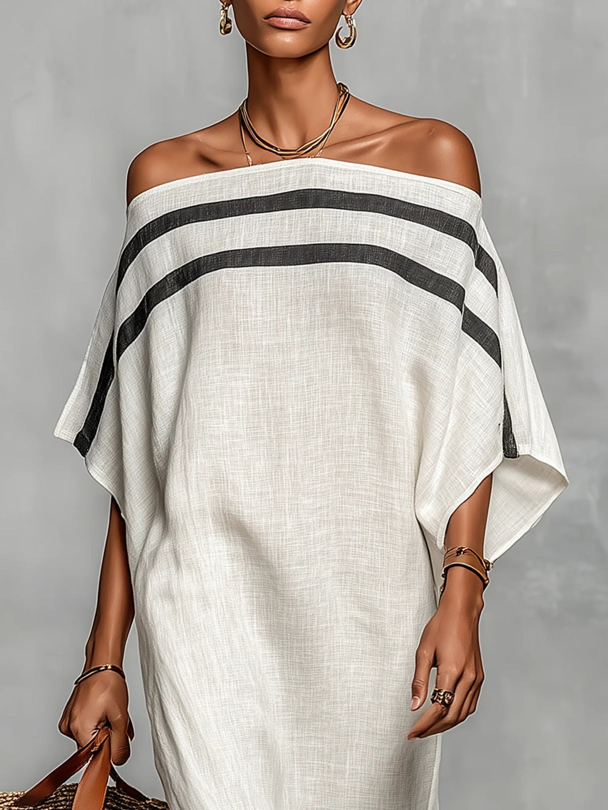 Striped Off Shoulder Batwing Sleeve Kaftan Maxi Dress 3