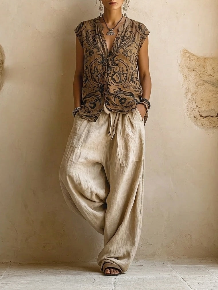 Linen Look Duster Coat Printed Top and Wide Leg Pants Set 2