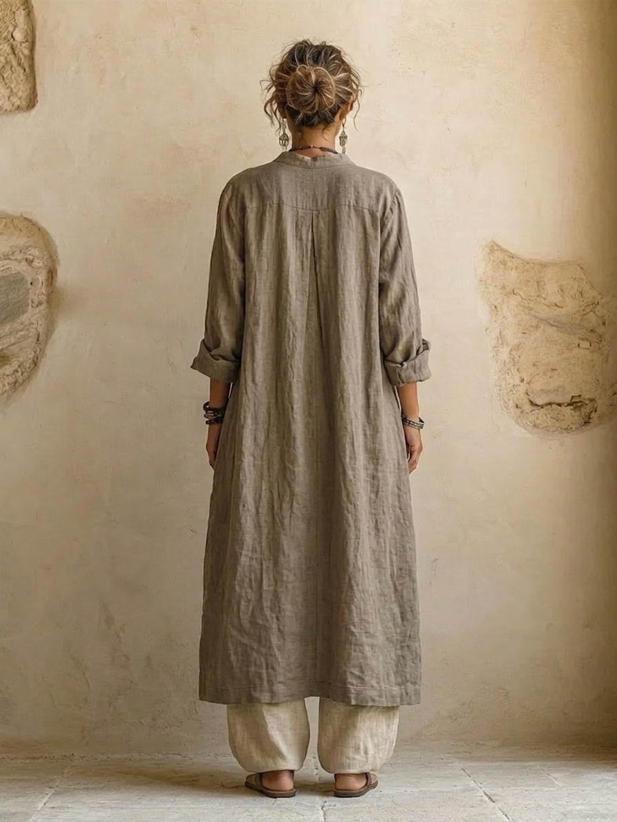 Linen Look Duster Coat Printed Top and Wide Leg Pants Set 5