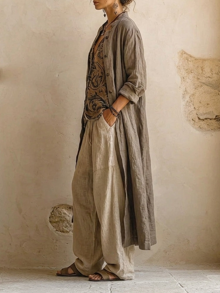 Linen Look Duster Coat Printed Top and Wide Leg Pants Set 4