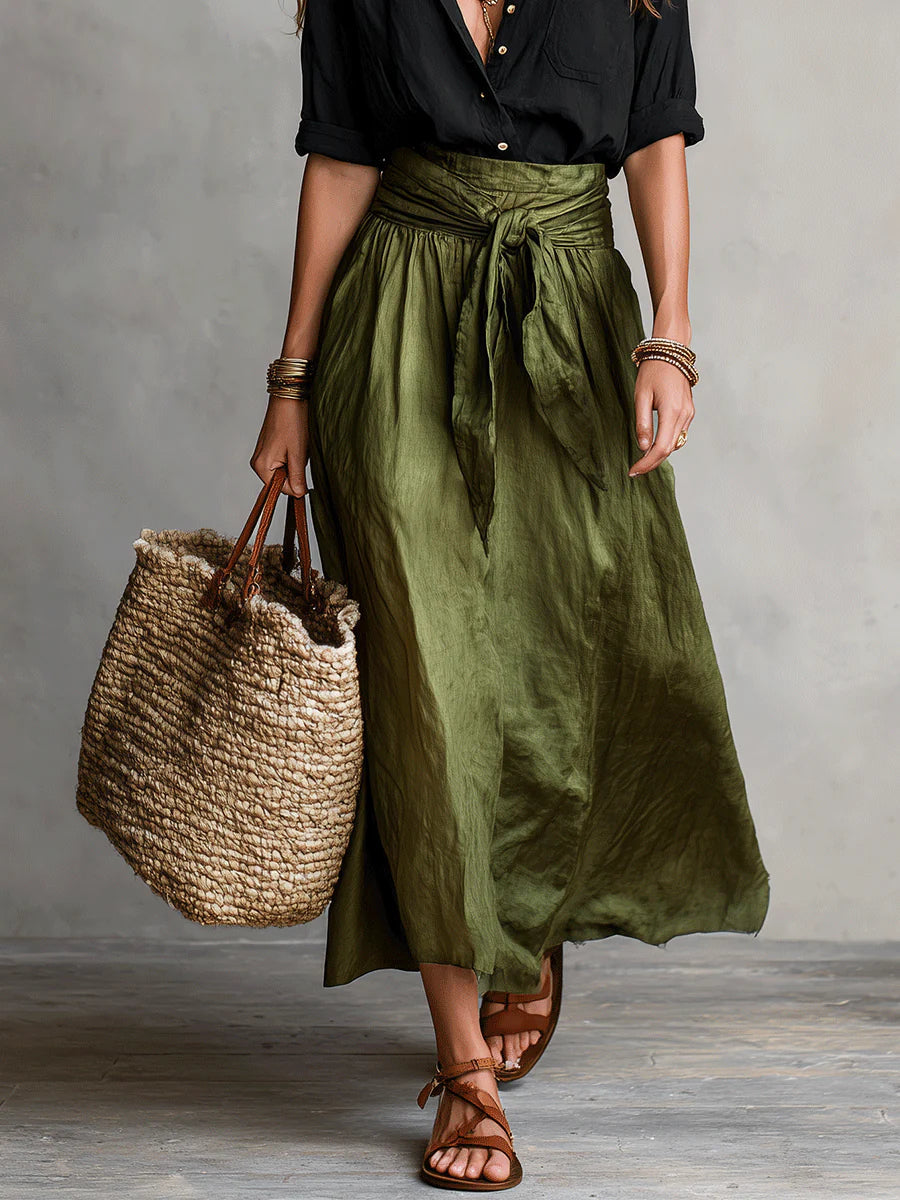 Button Front Shirt and Tie Waist Maxi Skirt Two Piece Set 4