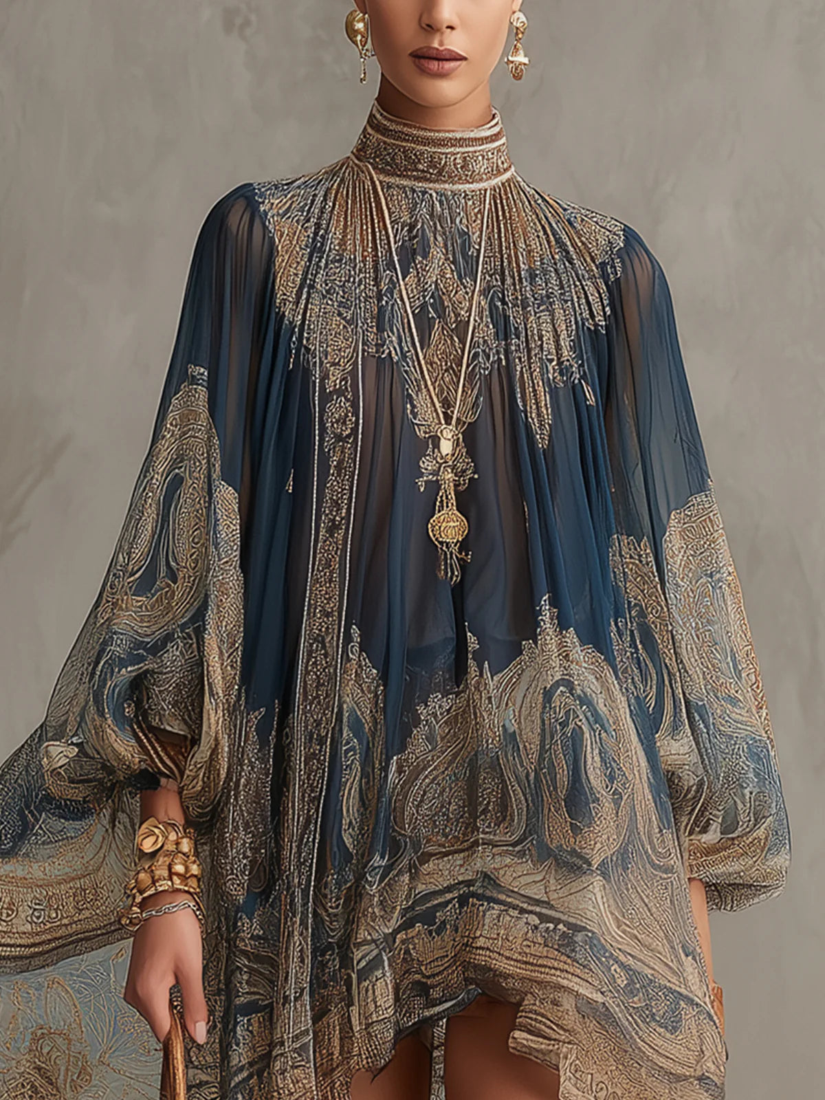 Paisley Print High Neck Bishop Sleeve Chiffon Mini Dress 4