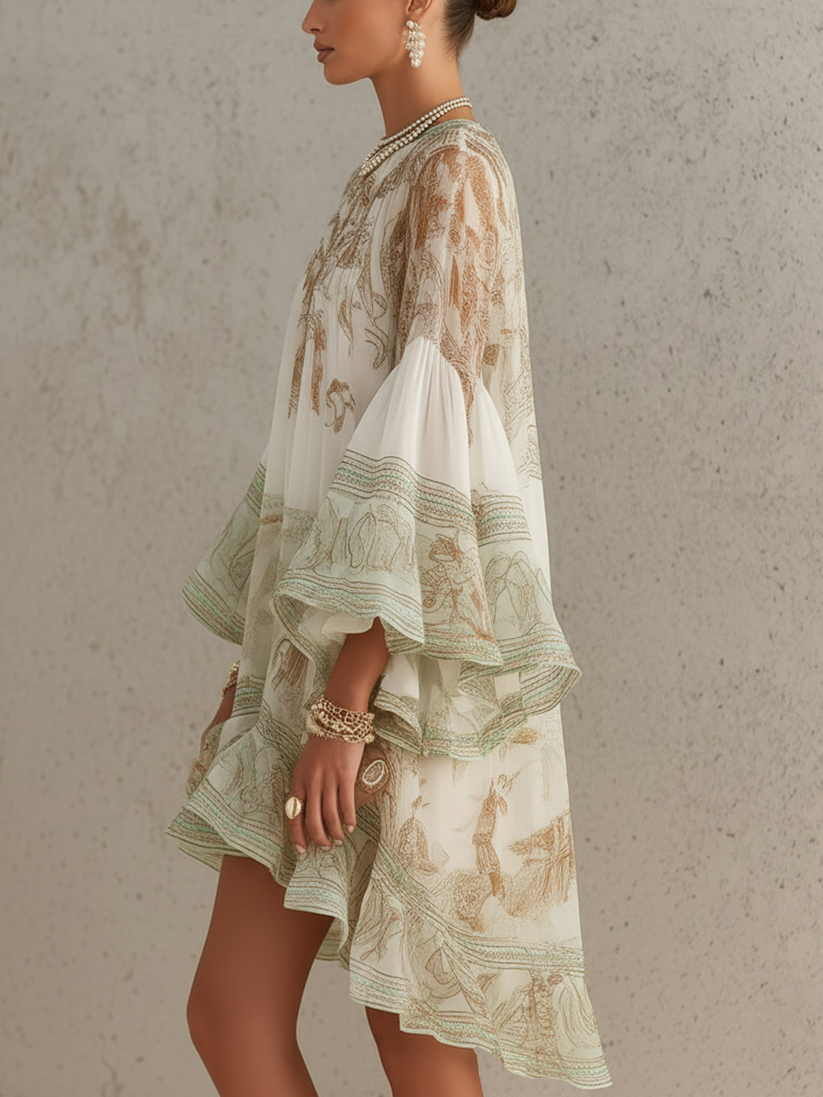 Printed Chiffon High Neck Bishop Sleeve Ruffle Hem Mini Dress 3