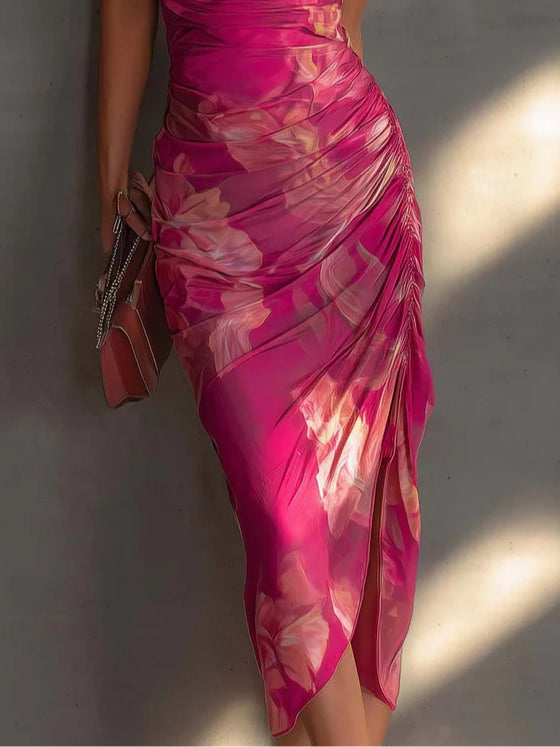 Floral Print Halter Neck Ruched High Split Bodycon Midi Dress 4