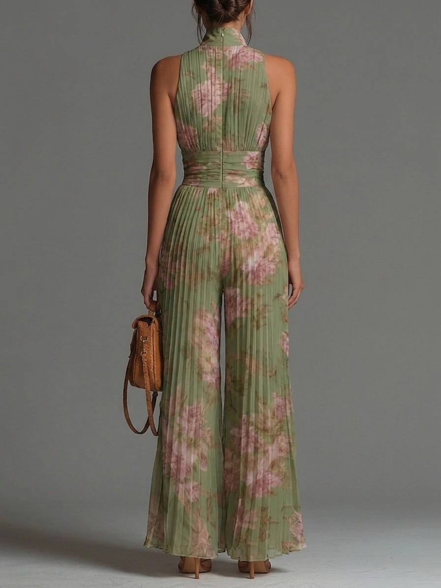 Floral Print Deep V-Neck Sleeveless Wide Leg Jumpsuit 2