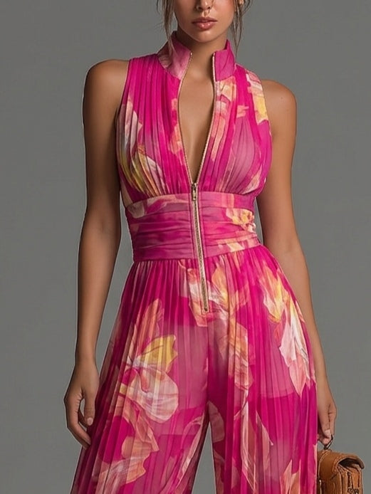 Sleeveless Zip Front Pleated Wide Leg Chiffon Jumpsuit 3