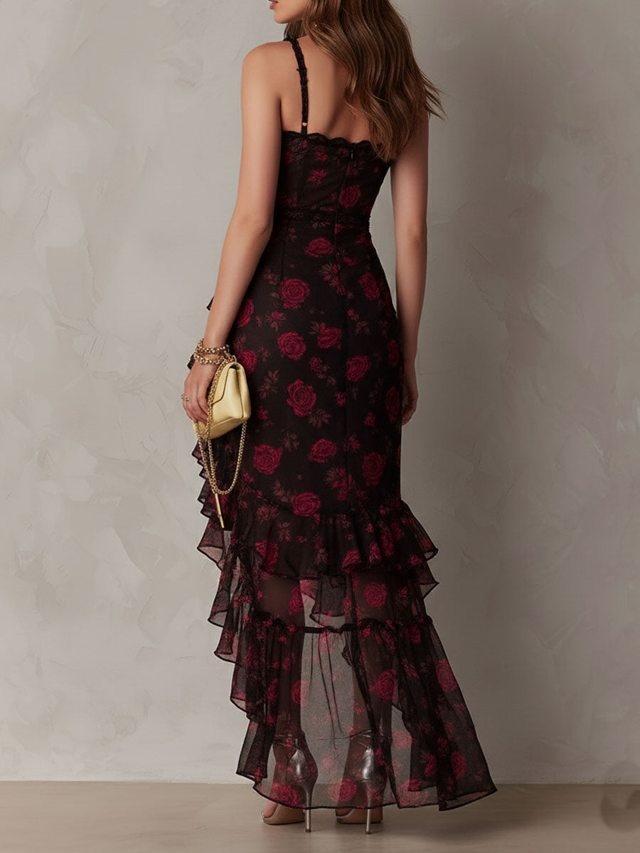Rose Floral Sweetheart Ruched Ruffle High Split Maxi Dress 5
