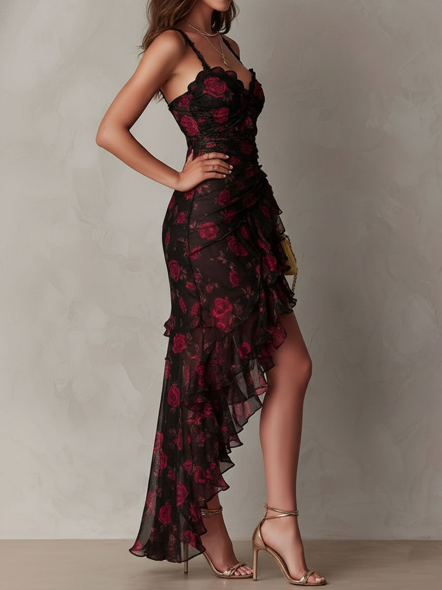 Rose Floral Sweetheart Ruched Ruffle High Split Maxi Dress 4