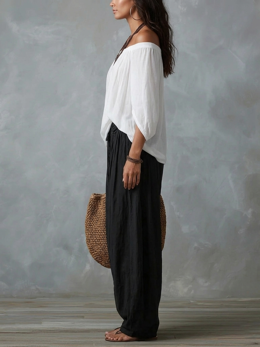 Off Shoulder Top and Wide Leg Pants Two Piece Set 7