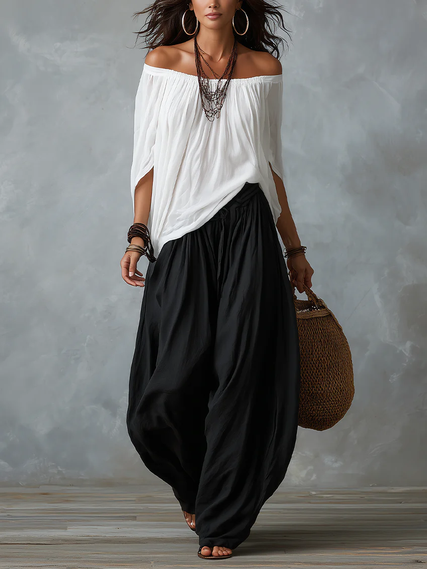 Off Shoulder Top and Wide Leg Pants Two Piece Set 5