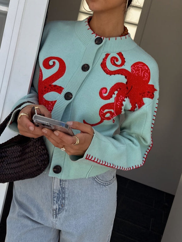 Crew Neck Octopus Embroidered Button Front Knit Cardigan 8