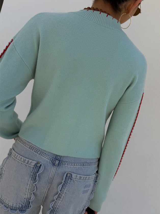Crew Neck Octopus Embroidered Button Front Knit Cardigan 2