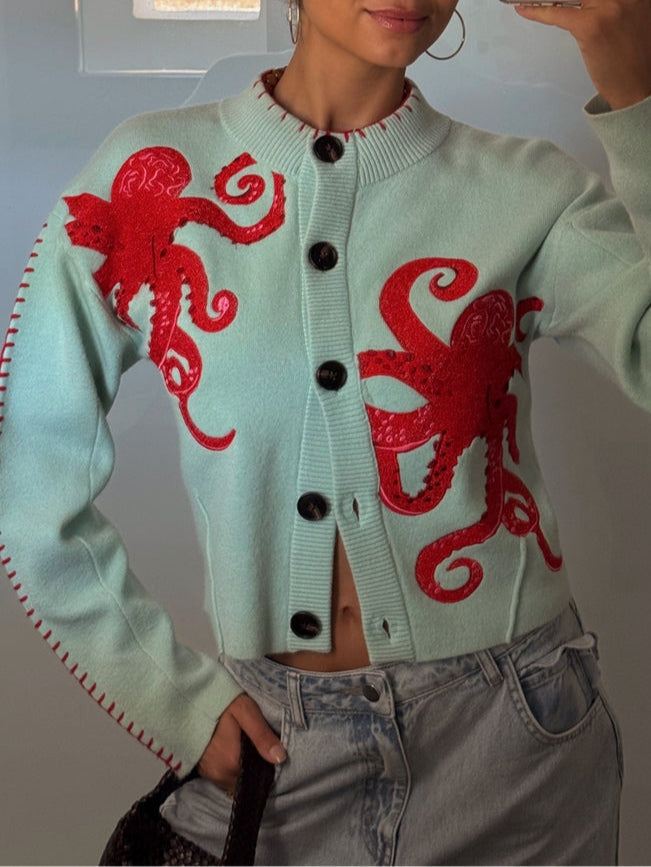 Crew Neck Octopus Embroidered Button Front Knit Cardigan 5