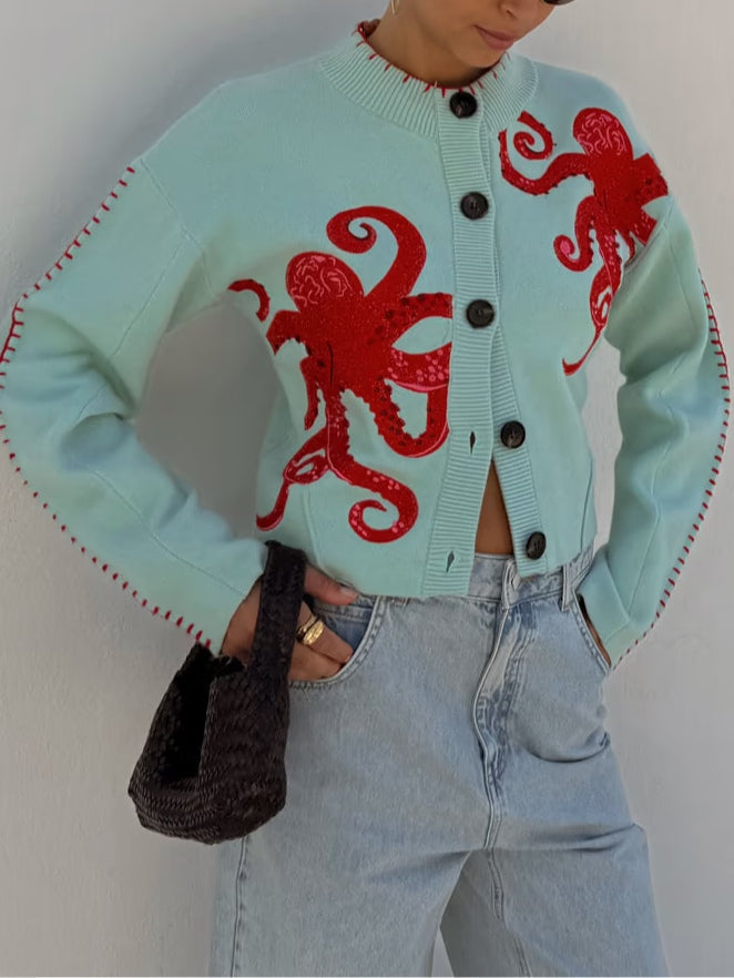 Crew Neck Octopus Embroidered Button Front Knit Cardigan 3