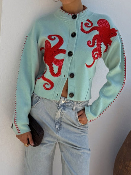 Crew Neck Octopus Embroidered Button Front Knit Cardigan 4