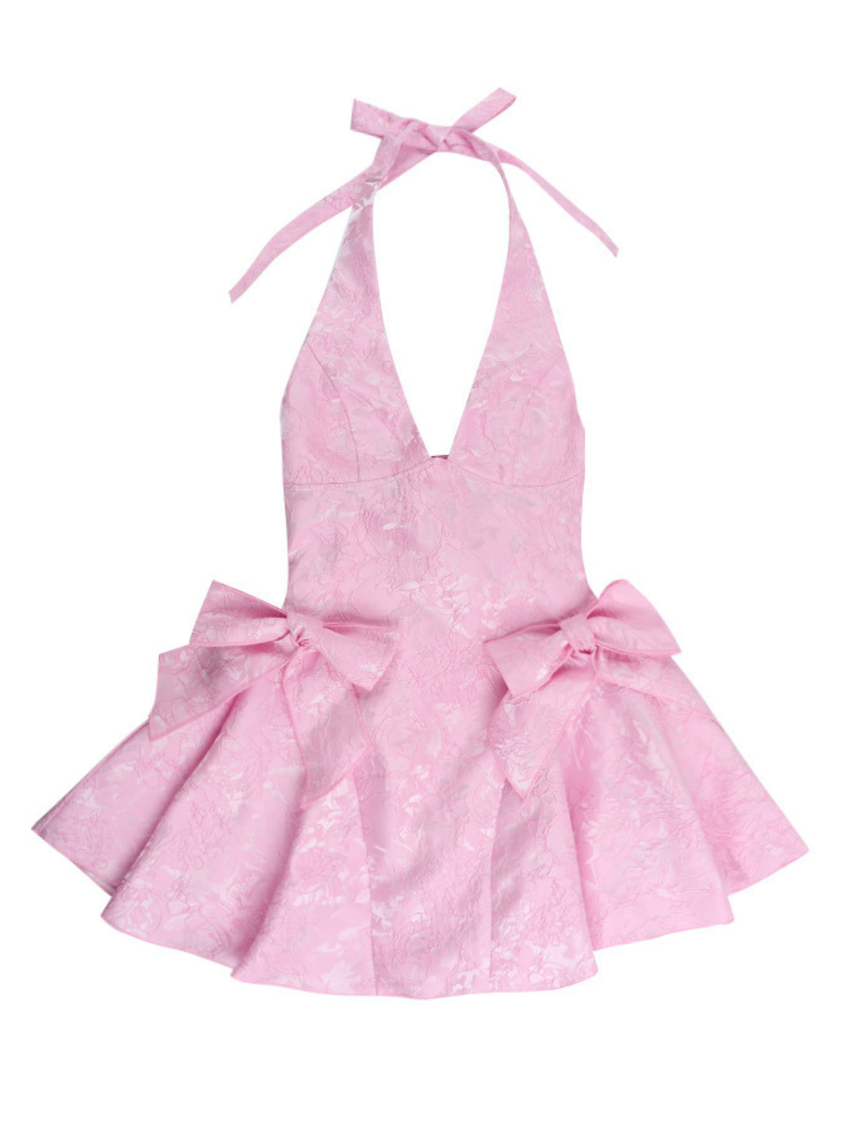 Halter Neck Deep V-Neck Bow Jacquard Fit and Flare Mini Dress - View 7