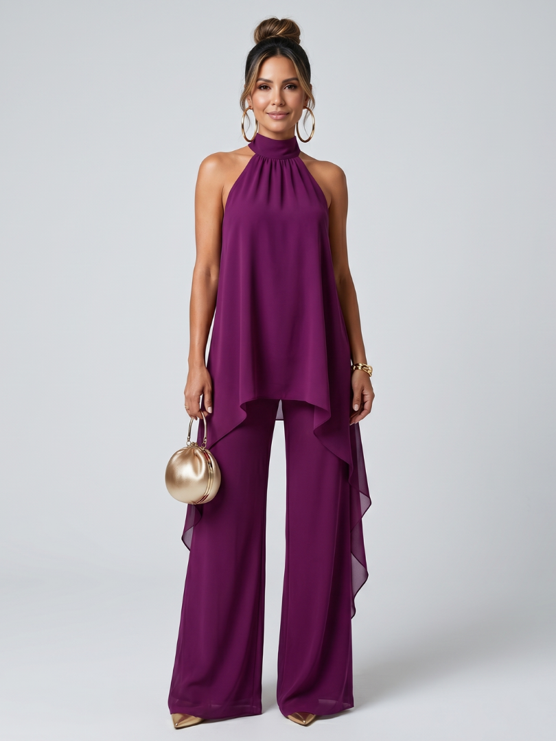 Halter Neck Chiffon Overlay Top and Wide Leg Pants Two Piece Set