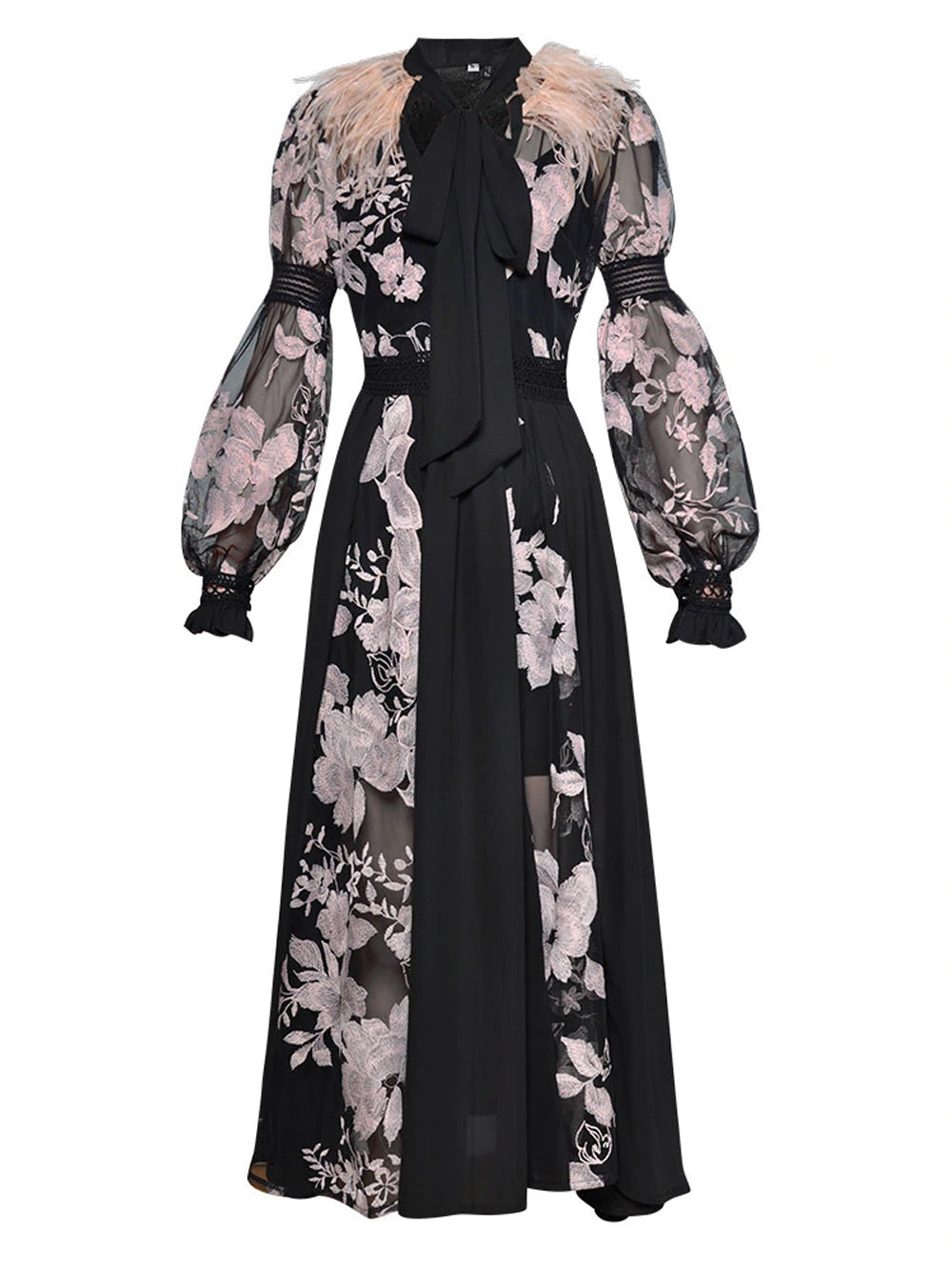 Feather Trim Floral Embroidery Tie Neck Lace Long Sleeve Midi Dress - View 4