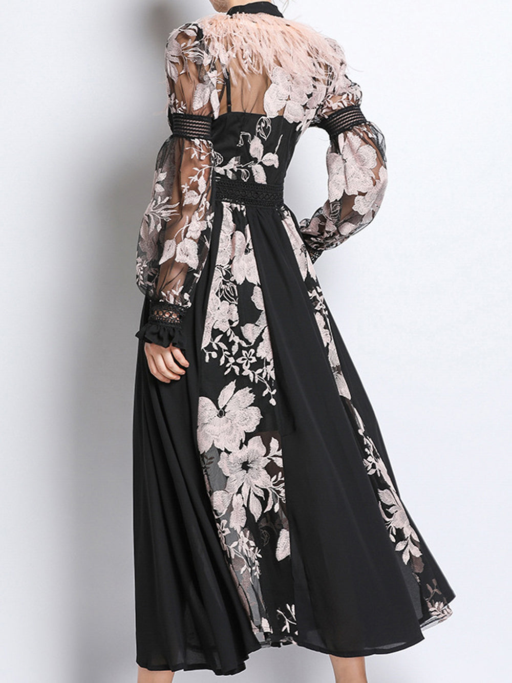 Feather Trim Floral Embroidery Tie Neck Lace Long Sleeve Midi Dress - View 6