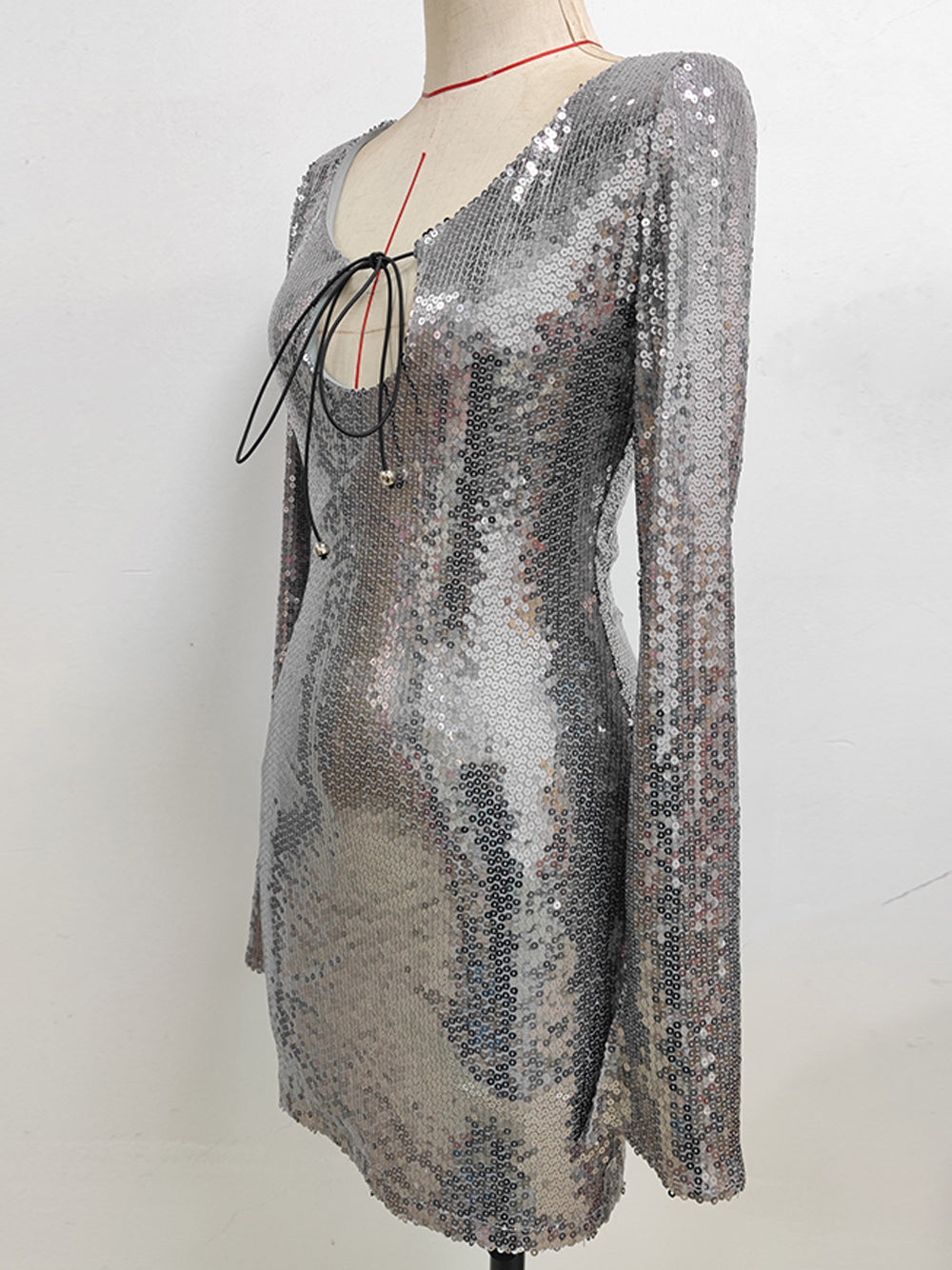 Sequin Deep V-Neck Long Sleeve Bodycon Mini Dress - View 12
