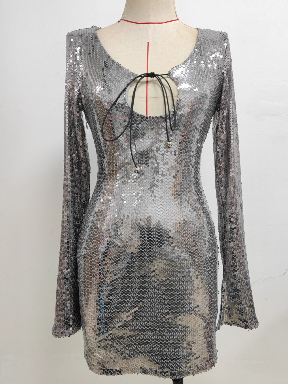 Sequin Deep V-Neck Long Sleeve Bodycon Mini Dress - View 9